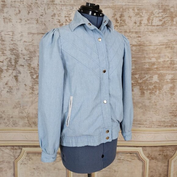Vintage 1980s Blue Chambray Bomber Jacket Yoke vtg 80s Puff Sleeve S Light Denim - Picture 4 of 10
